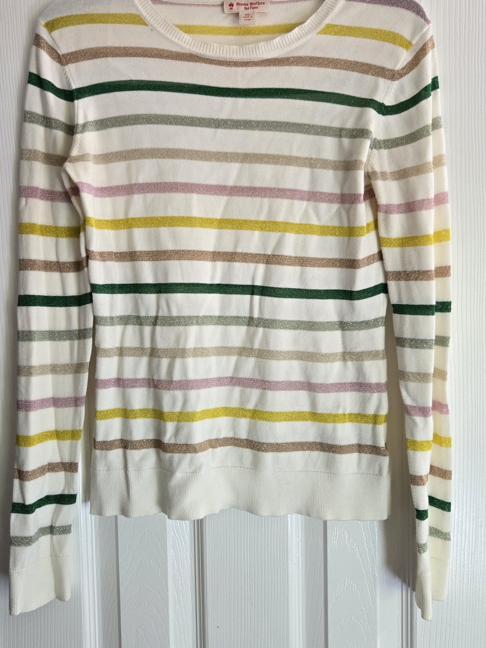 Brooks Brothers White Sweater with Green, Yellow and Gold Stripes